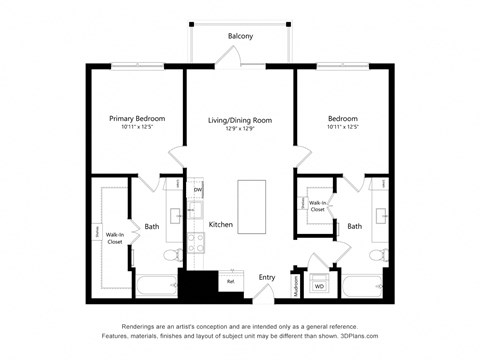Floor plan for 2 beds, 2 baths, 1008 sqft